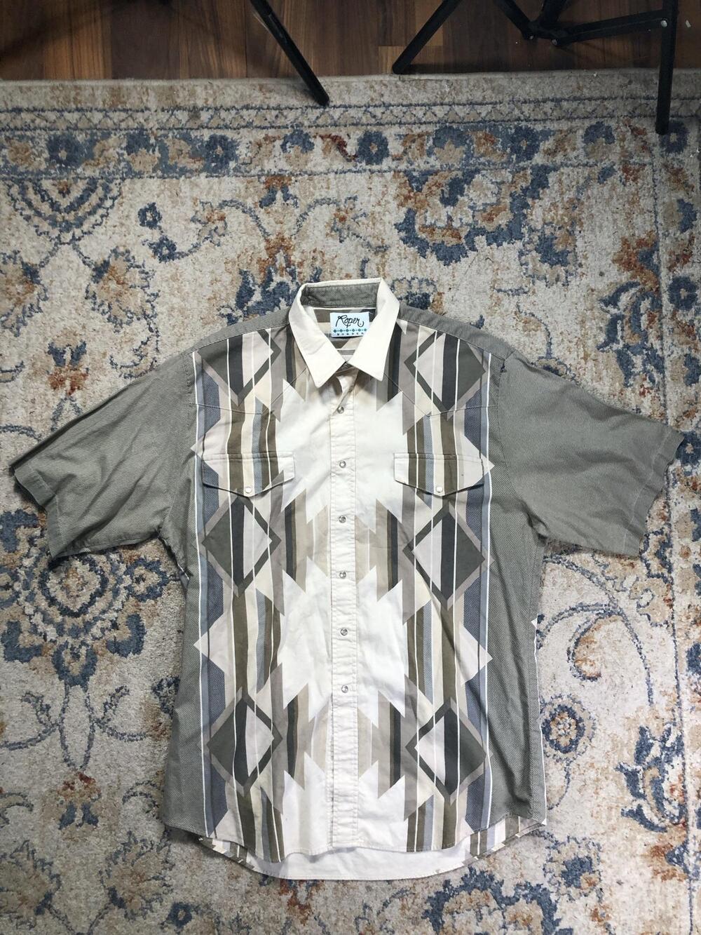 Vintage Roper Shirt Mens L Multicolor Geometric Short Sleeve Pearl Snap Boarder